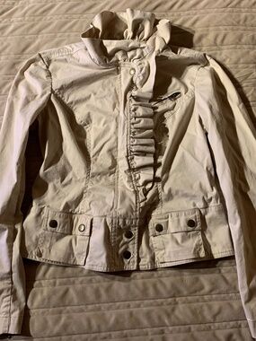London Y2K Jean White Ruffle Military Jacket Size 8 2000s Vintage